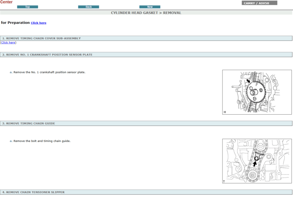 Manual de reparación del motor 2.5L del Toyota Camry ASV50 (2012). Guía de taller interactiva con especificaciones de servicio detalladas del motor.