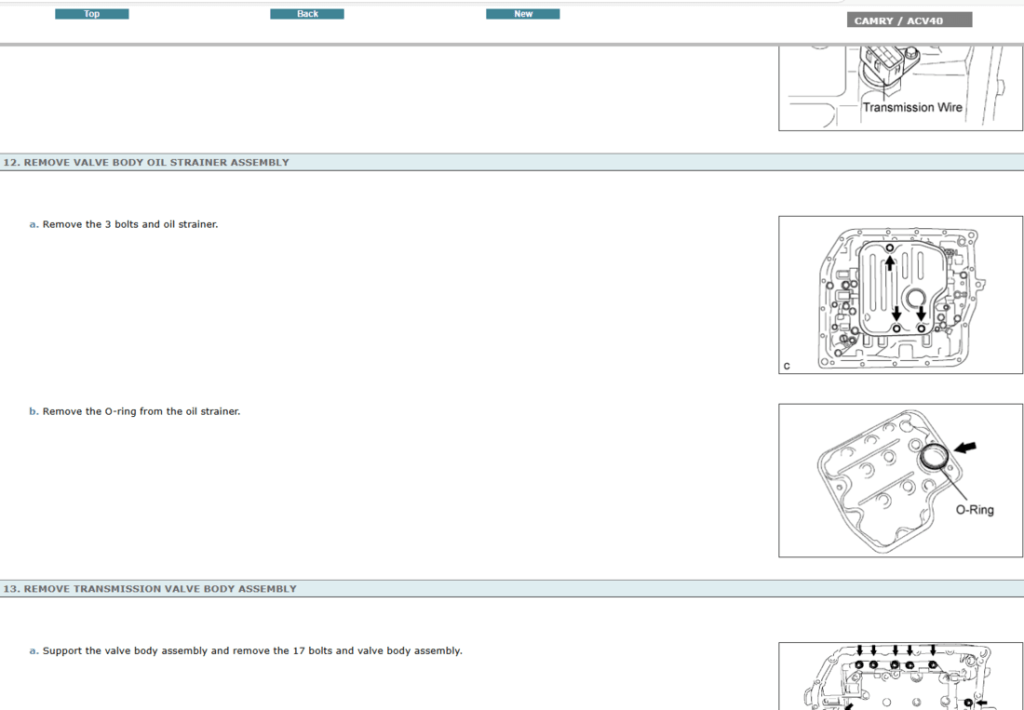 Instrucciones de reparación de la transmisión automática del Toyota Camry ACV40 (2006-2009). Manual de servicio interactivo con procedimientos de taller.
