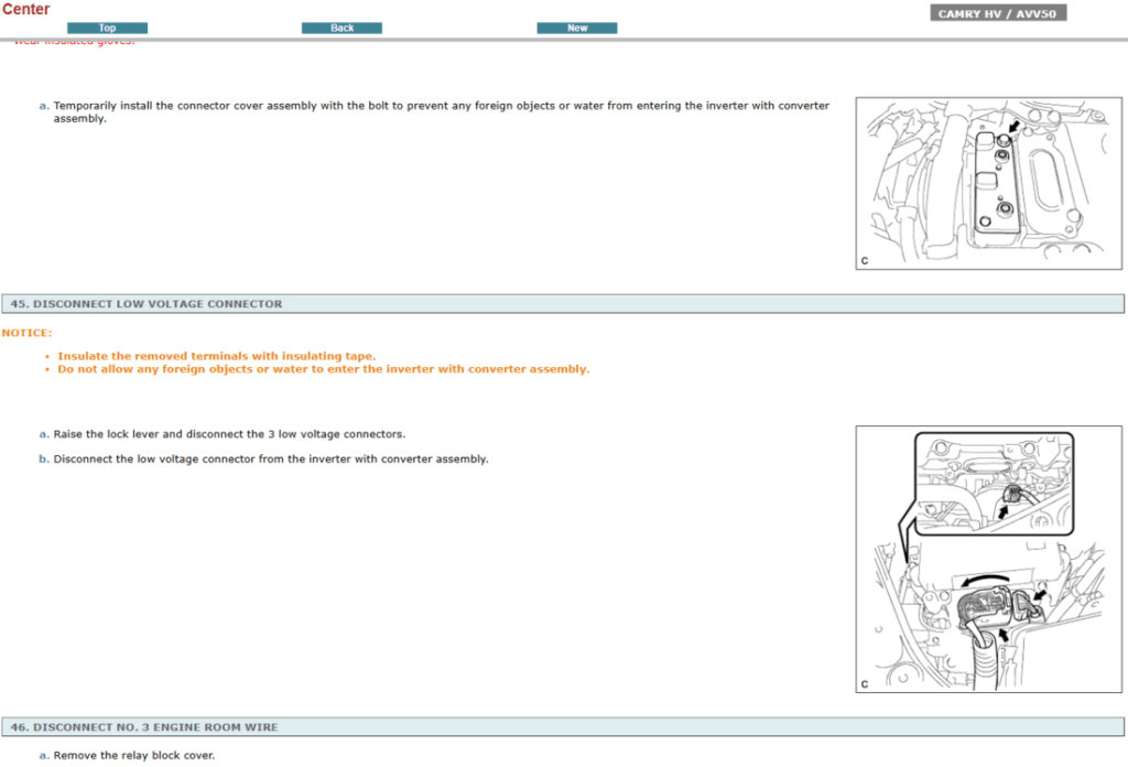 Instrucciones de reparación de la transmisión (automática/híbrida) del Toyota Camry AVV50 (2013). Manual de servicio interactivo con procedimientos de taller.