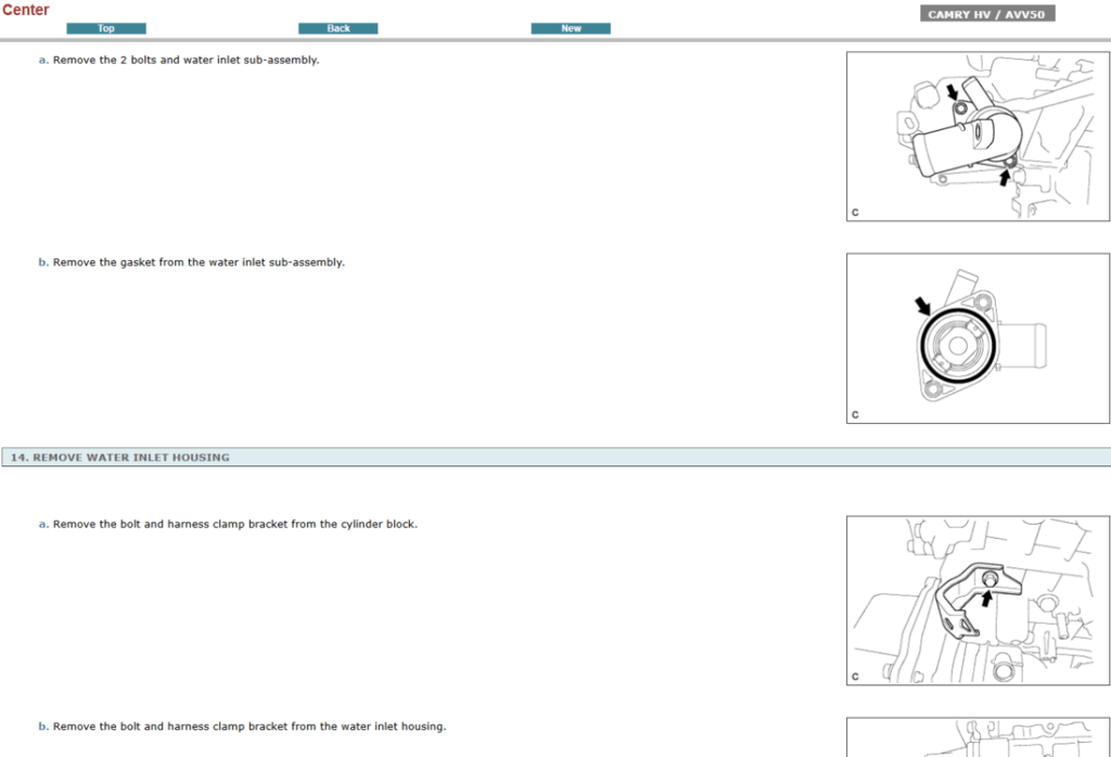 Instrucciones de reparación de la transmisión (automática/híbrida) del Toyota Camry AVV50 (2014). Manual de servicio interactivo con procedimientos de taller.