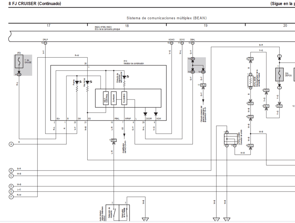 Diagramas eléctricos Toyota FJ Cruiser en Español 2007: con códigos de colores estandarizados.
