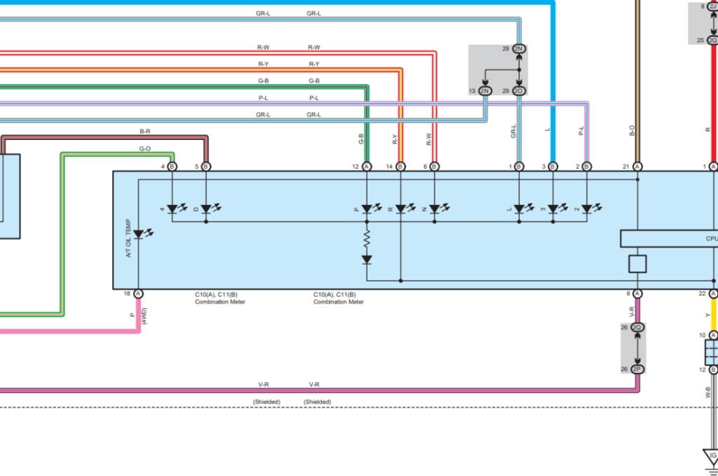 Diagramas eléctricos Toyota Fortuner Hilux SW4 2005-2008 con códigos de colores para fácil interpretación.
