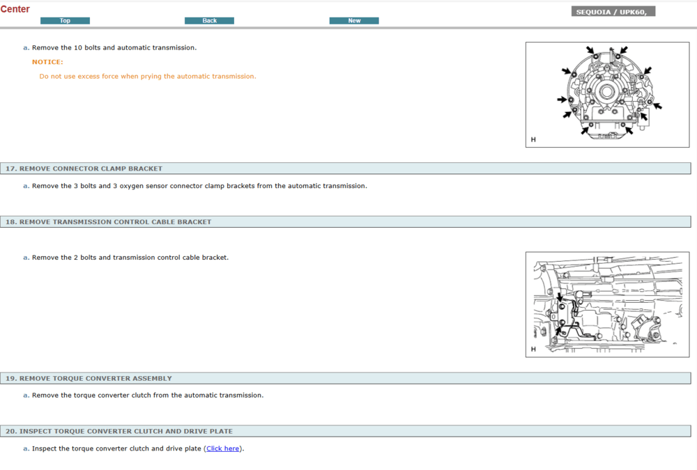 Instrucciones de reparación de la transmisión automática y el sistema 4x4 del Toyota Sequoia 2011. Manual de servicio interactivo con procedimientos de taller.