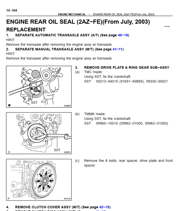 Manual de reparación del motor 2.4L (2AZ-FE) y 3.0L/3.3L V6 del Toyota Camry (2002-2006). Guía de taller con especificaciones de servicio detalladas del motor.