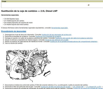 Procedimientos técnicos para reparar el Chevrolet Cruze 2012 en Español, con diagramas y textos.
