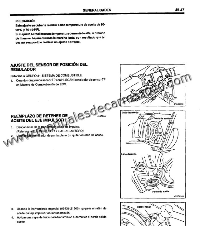 Consulte el manual de servicio para la reparación y el mantenimiento de la transmisión del Hyundai Accent 1995-1999 en idioma español.